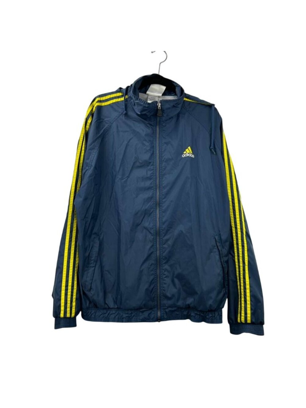 Vintage 90s Adidas Team Men's L Blue Windbreaker Full Zip Jacket 3 Stripe Yellow